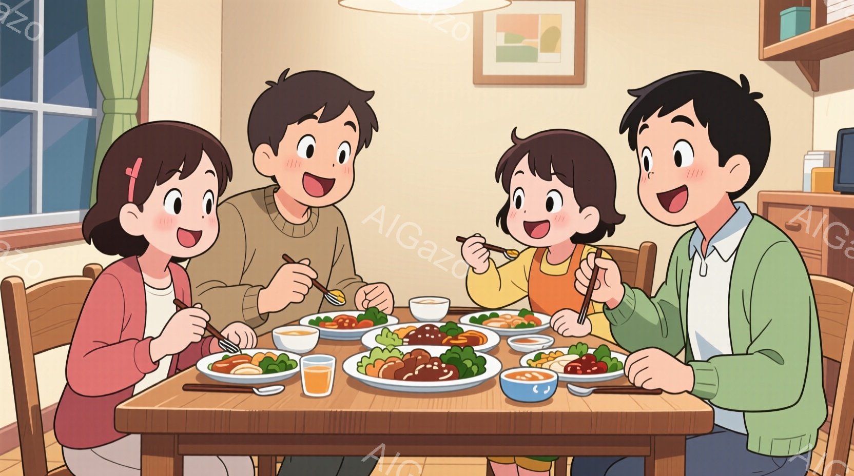 家族四人が食卓を囲んで食事をしているイラストです。子供たちは皆、茶色の髪で、ピンクの頬をしており、笑顔で食事を楽しんでいます。背景には木製の棚と窓が見え、温かく、幸せな家庭の雰囲気が漂っています。