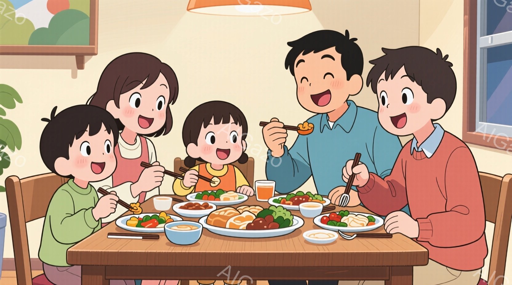 家族が食卓を囲んで食事をしているイラストです。皆、短い髪で笑顔を浮かべ、箸を使って料理を楽しんでいます。背景には暖色系の壁と、いくつかの皿が並んだ食卓があり、全体的に温かく幸せな雰囲気が漂っています。 - AI生成フリー素材