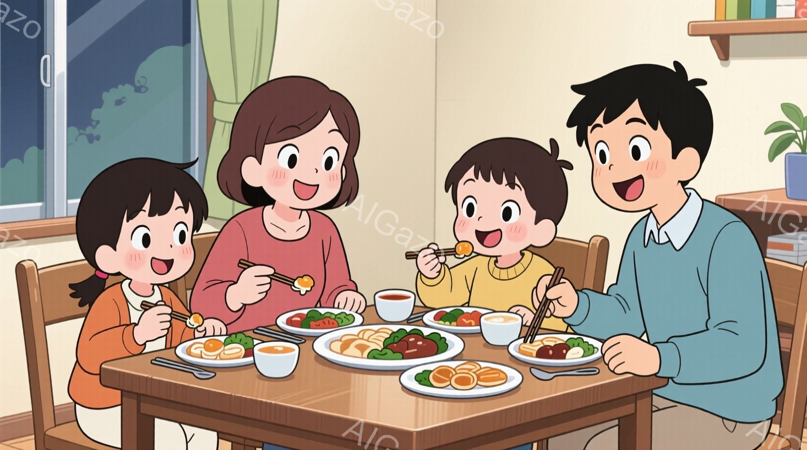 家族が食卓を囲んで夕食をとっています。母親と娘はオレンジ色の髪で、笑顔で箸で食べ物を挟んでいます。父親と息子は黒髪で、同じように嬉しそうに食事を楽しんでいます。 - AI生成フリー素材