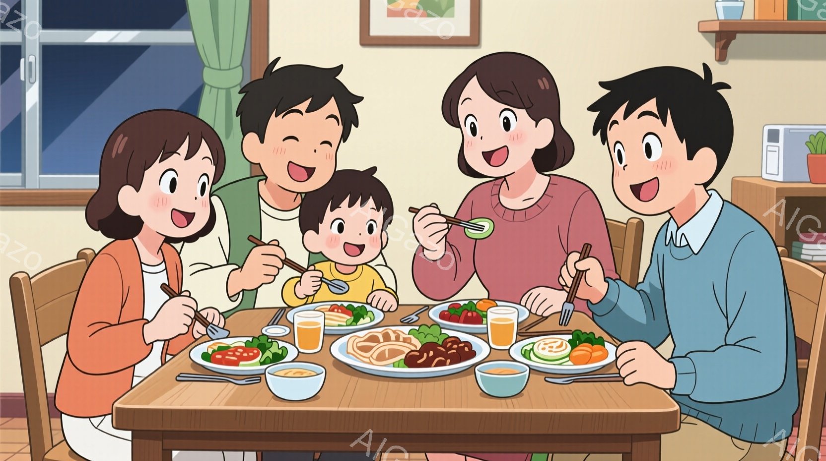 家族が食卓を囲んで食事をしている様子が描かれています。母親はピンクのセーターを着て、微笑みながら箸で料理を取っています。父親は白いシャツにブルーのカーディガンを着ており、息子と並んで食事を楽しんでいま - AI生成フリー素材