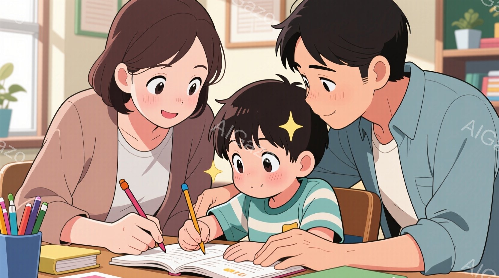 明るいリビングで、少年が机に向かって勉強しています。母親と父親が少年の両脇に寄り添い、優しく見守っています。室内には植物があり、暖かく、幸せな家庭の雰囲気が漂っています。