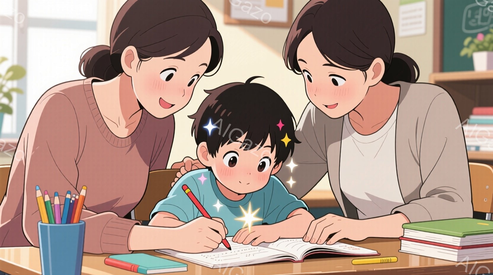 幼い男の子が机に向かって何かを書いている様子が描かれています。母親と思われる女性が優しく見守り、男の子の頭上にはキラキラとした光が輝いています。背景には本棚や鉛筆立てがあり、明るく温かい家庭的な雰囲気が漂っています。