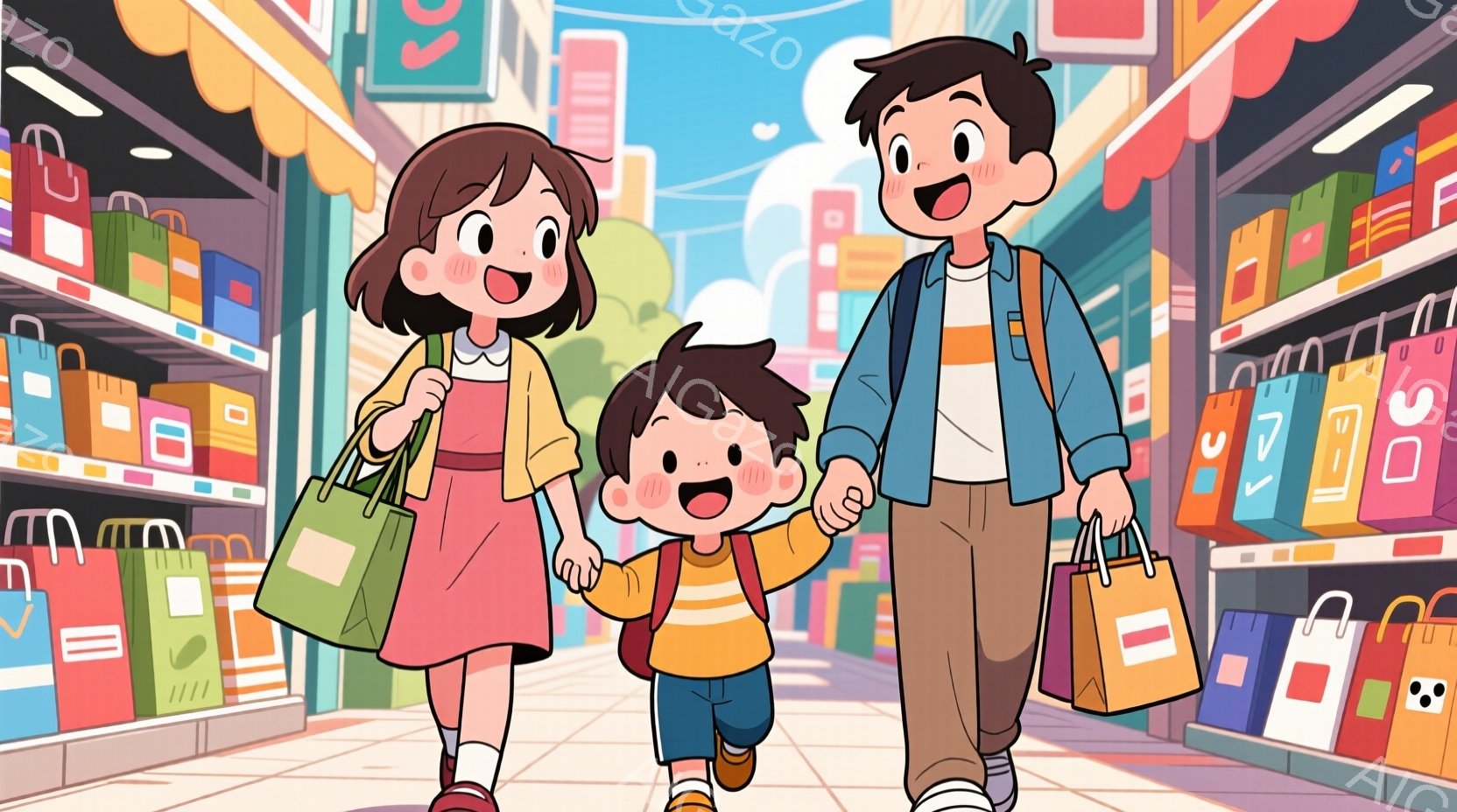 少女はピンク色のフリルスカートと黄色のトップスを着ており、茶色の髪をポニーテールにしています。少年は赤いバックパックと黄色のシャツを着ていて、両親と手をつないで歩いています。背景には、カラフルな商品が並んだお店や、明るい色の建物が描かれており、全体的に温かく、幸せな雰囲気が漂っています。