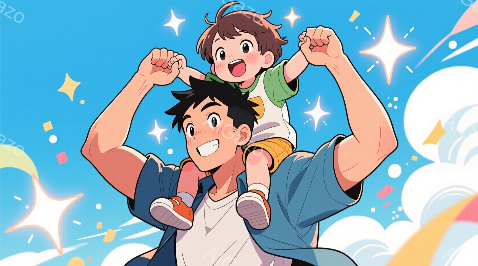 少年は、父親の肩に乗って両手を上げて喜んでいます。父親は白いTシャツと青いショーツ姿で、息子を見下ろして笑顔を浮かべています。背景は水色で、星や光の粒子が散りばめられており、全体的に明るく幸せな雰囲気 - AI生成フリー素材