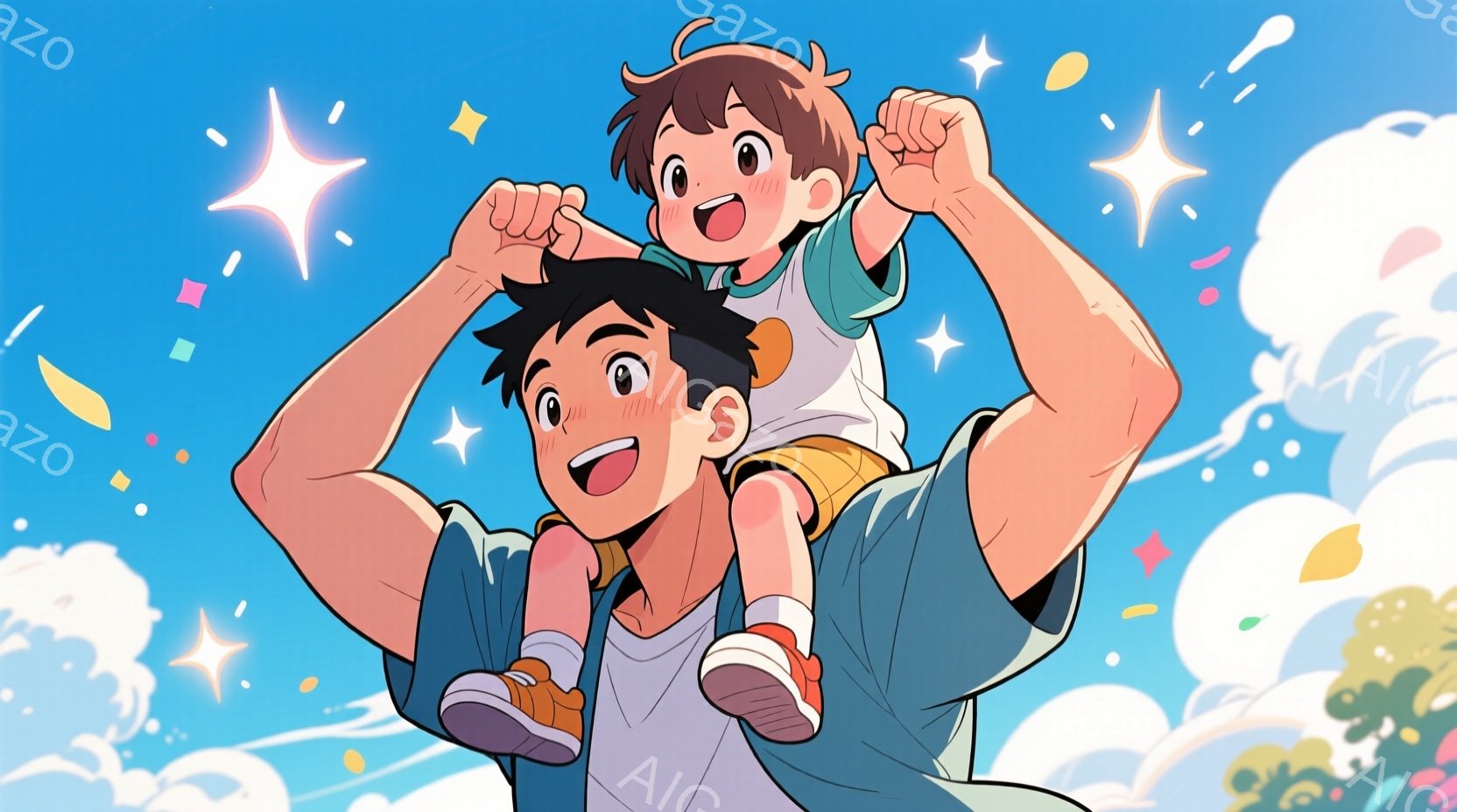 少年は父親の肩に乗っており、両腕を力強く上げています。父親は笑顔で、息子の嬉しそうな表情と相まって、活気に満ちた雰囲気を醸し出しています。背景は青空と白い雲で、遠くに緑の木々が見え、全体的に明るく、幸 - AI生成フリー素材