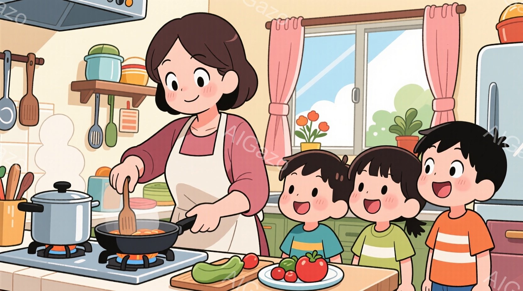 母親がキッチンで料理をしている様子が描かれています。彼女はエプロンを着ており、フライパンで何かを炒めています。３人の子供たちはカウンターの前で、楽しそうに料理を見守っています。 - AI生成フリー素材