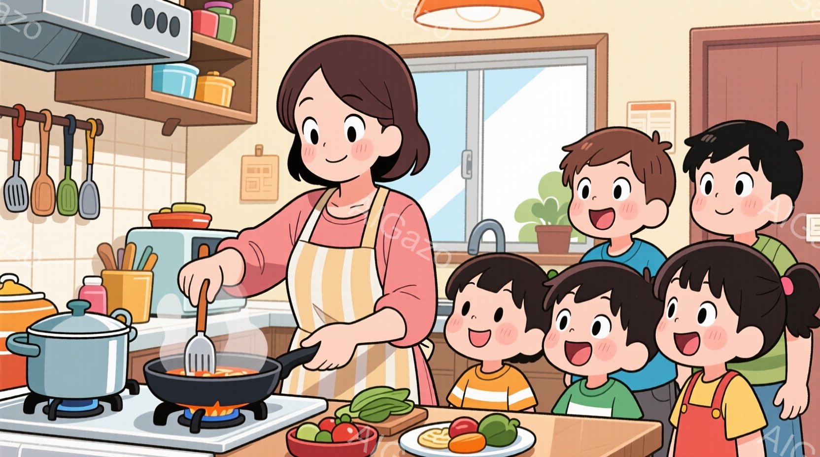 明るいキッチンで、エプロンを着た女性がフライパンで何かを調理している。彼女は短い茶髪で、穏やかな笑顔を浮かべている。カウンターの前には、好奇心いっぱいの表情で料理を見守る、幼い子供たちが並んでおり、活 - AI生成フリー素材