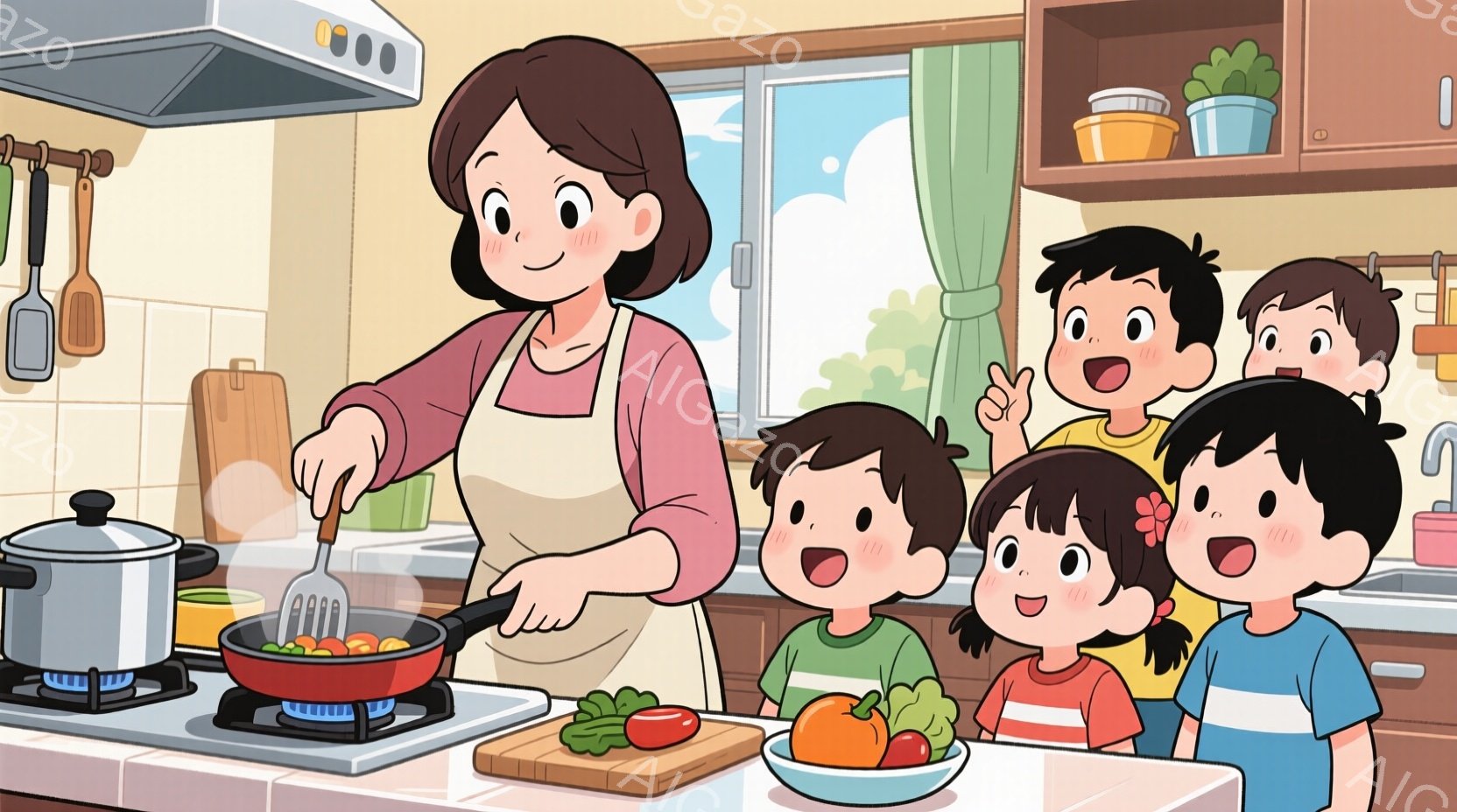 エプロンをつけた女性がキッチンで野菜を炒めており、子供たちがカウンター越しに興味津々に見守っています。子供たちは皆、明るい色の服を着ており、それぞれが笑顔で、好奇心に満ちた表情をしています。背景には調 - AI生成フリー素材