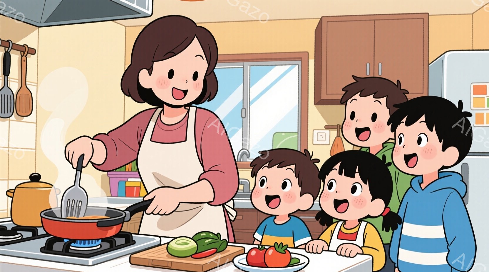 エプロンをつけた女性がキッチンでフライパンを使って料理をしており、子供たちがカウンター越しに興味津々に見守っています。子供たちは皆、明るい色の服を着ており、笑顔で興奮した表情をしています。背景にはキッ - AI生成フリー素材