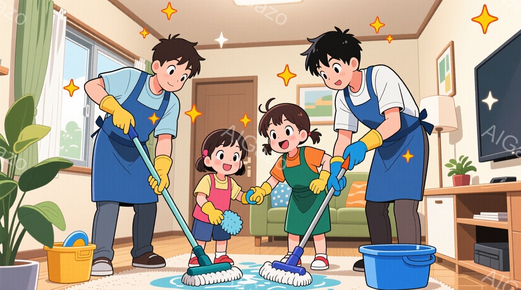 家族がリビングで掃除をしている様子が描かれています。父親と母親はエプロンをつけ、それぞれモップとフローリングワイパーを持って床を掃除しており、子供たちは両親を手伝うように見えます。背景にはテレビや家具 - AI生成フリー素材