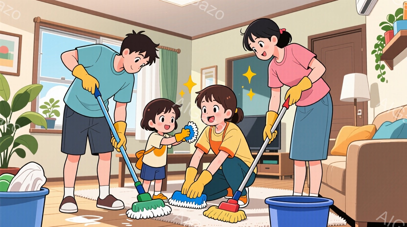 室内で家族が掃除をしている様子が描かれています。父親は緑色のTシャツと短パンでモップを持って床を拭き、母親はオレンジ色のTシャツにベージュ色のズボンでモップを使って床をきれいにしています。幼い女の子は青いTシャツを着て、小さなモップを持ち、楽しそうに掃除を手伝っています。