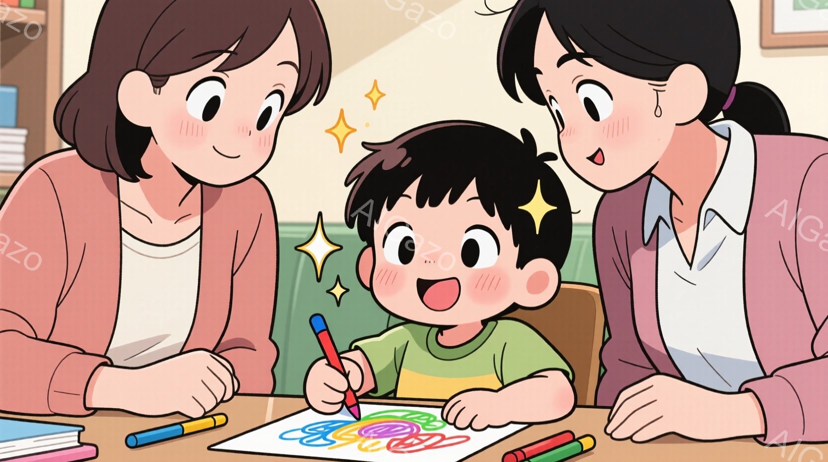 幼い男の子がテーブルに座って色鉛筆で絵を描いています。彼は緑色のシャツを着ており、口を開けて笑顔を見せています。二人の女性が彼を囲んでおり、優しく見守っています。背景は明るい壁と本棚があり、温かい家庭的な雰囲気が漂っています。