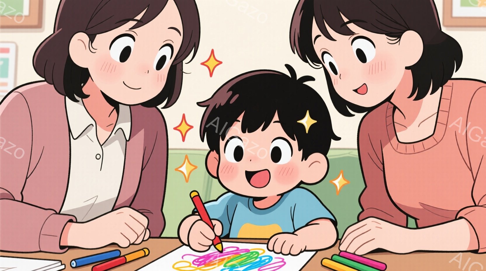 幼い男の子がテーブルを挟んで両親と向かい合って座り、色鉛筆で絵を描いている様子が描かれています。男の子は青いシャツを着ており、両親はそれぞれピンクとオレンジ色のシャツを着ていて、皆笑顔で楽しんでいます。背景には何枚かの紙と色鉛筆が散らばっており、暖かく、幸せな家庭の雰囲気が漂っています。