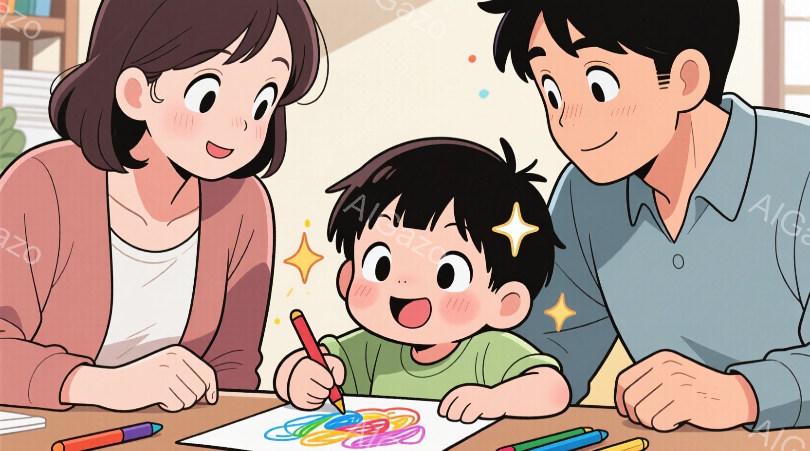 テーブルを挟んで向かい合って座っている家族が描かれています。母親はピンク色のセーターを着ており、父親は水色のシャツを着ています。子供は緑色のシャツを着ており、集中してクレヨンで何かを描いており、顔は喜びで輝いています。