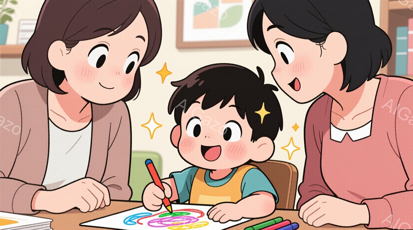 幼い男の子が、赤色のクレヨンで紙に絵を描いています。周りには様々な色のクレヨンが散らばっており、二人の女性が男の子を囲んで笑顔で見ています。室内は明るく、壁には絵が飾られており、温かい家庭的な雰囲気が - AI生成フリー素材