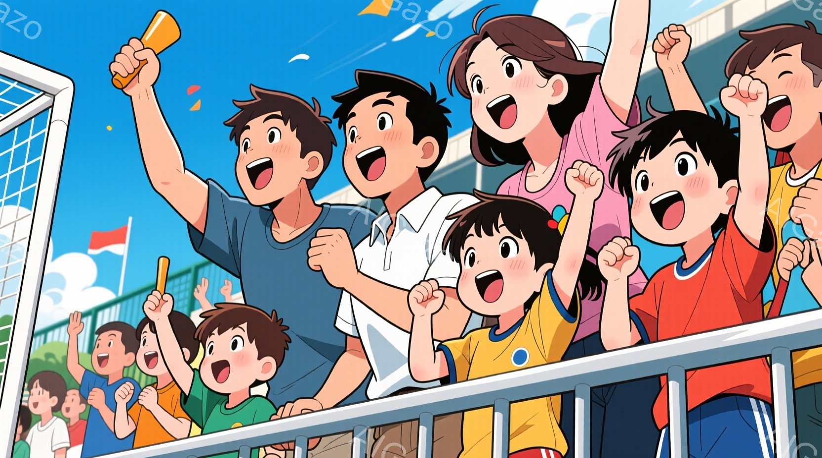 観客席にいる人々が、興奮した表情で手を高く上げ、応援しています。彼らはそれぞれ異なる色の服を着ており、髪型も様々です。背景にはサッカーのゴールネットが見え、青空と白い雲が広がり、晴天の下での熱狂的な応援を表現しています。