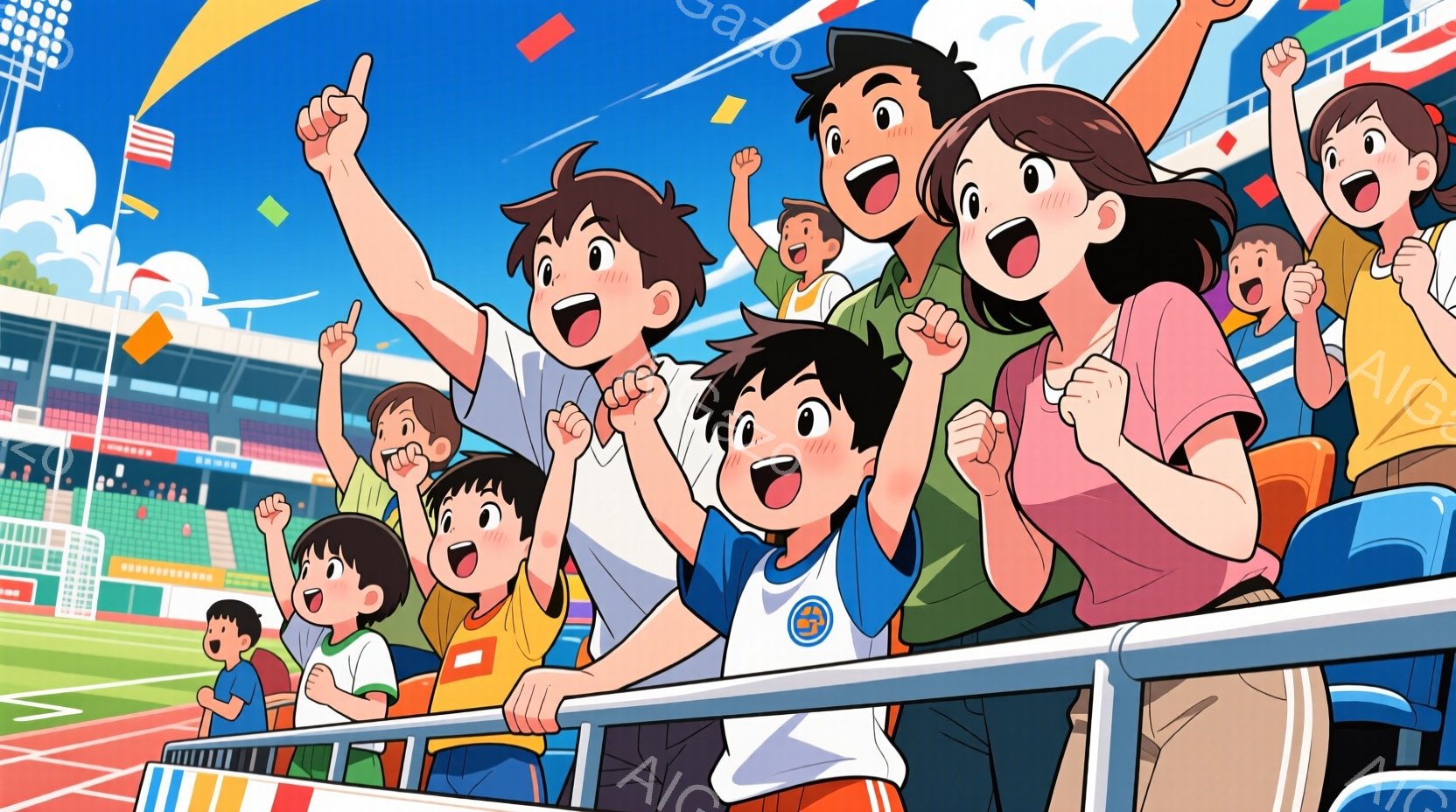 観客席には、様々な年齢層の観客が熱狂的に応援しています。子供たちは明るい色のシャツを着ており、興奮した表情で両手を高く上げています。背景には緑のフィールド、観客席、そして晴れた空が広がり、全体的に活気と熱狂に満ちた雰囲気が漂っています。