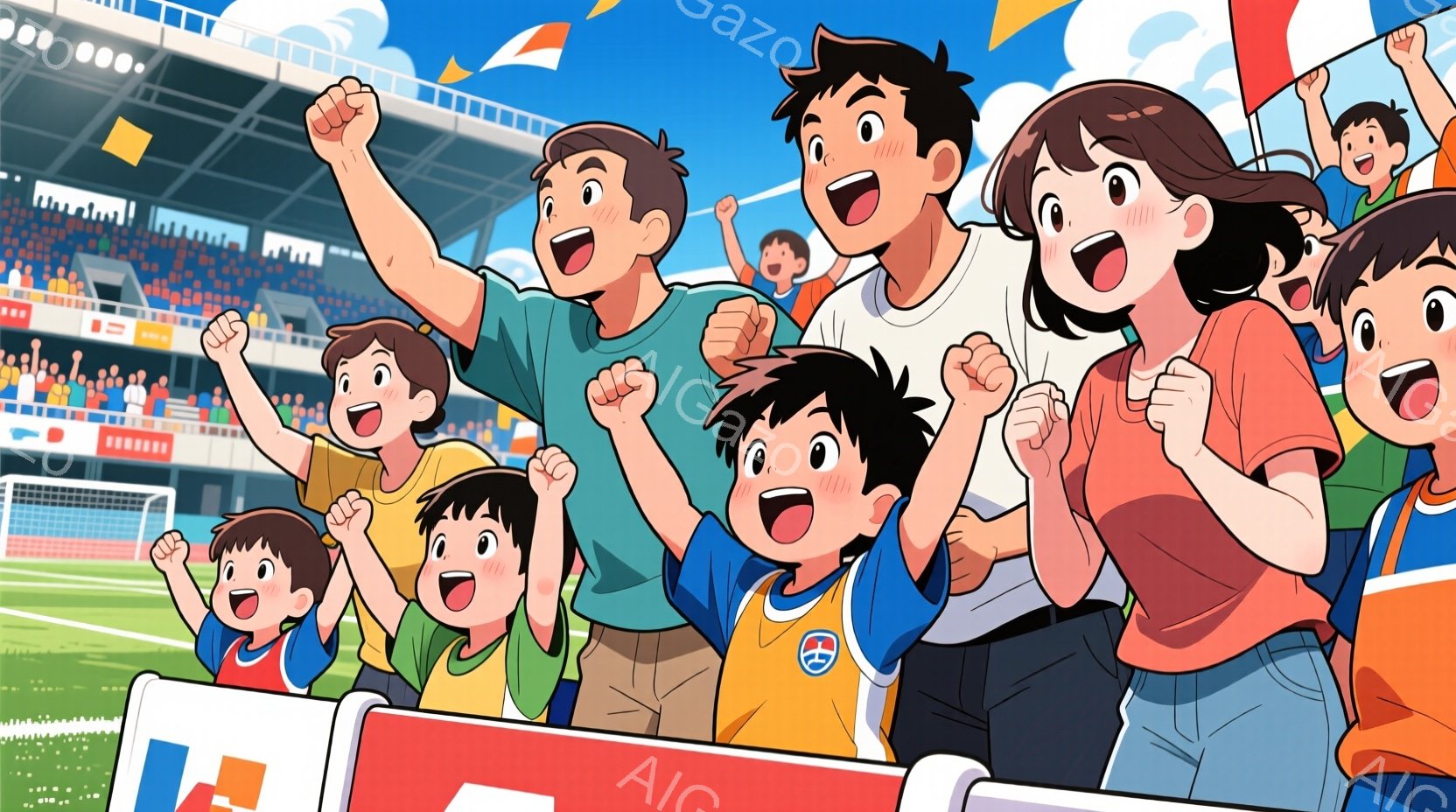 サッカーの試合を観戦している人々を描いています。観客はさまざまな年齢層で、興奮した表情で両手を高く上げて応援しています。背景には緑のサッカー場と観客席が見え、活気に満ちた応援の雰囲気が伝わってきます。