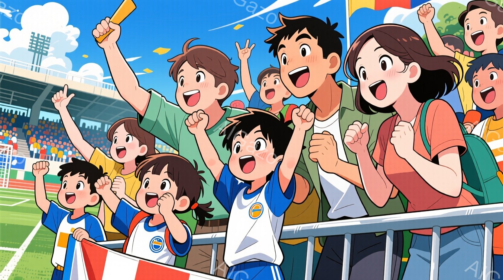観客席で、子供たちが興奮した様子で応援しています。青と白のユニフォームを着ており、髪型は短髪で、顔には笑顔と熱意が溢れています。背景には緑のサッカー場と観客席、そして晴天の空が広がっており、全体的に活 - AI生成フリー素材