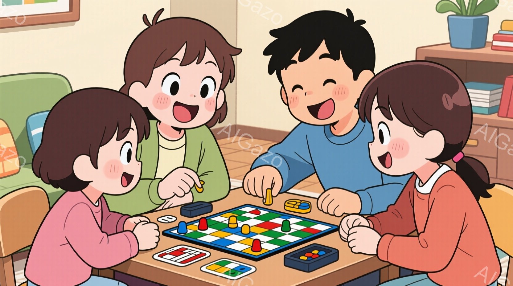 明るい色のボードゲームを囲んで、４人の子供たちが楽しそうに遊んでいます。女の子はピンクやオレンジ色の服を着ており、茶色の髪をポニーテールにしています。男の子は青いシャツを着ており、全員が笑顔で、ゲーム - AI生成フリー素材