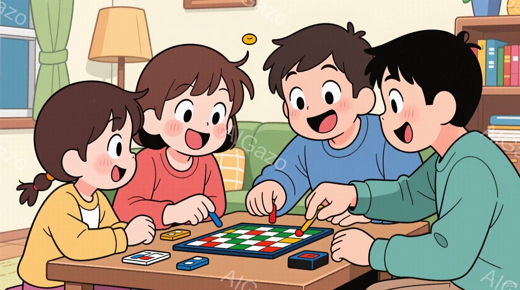 4人の子供たちがテーブルを囲んでボードゲームを楽しんでいる様子が描かれています。女の子はオレンジ色のセーターを着ており、赤色の服を着たもう一人の女の子と、青色のセーターを着た男の子2人がいます。彼らは - AI生成フリー素材