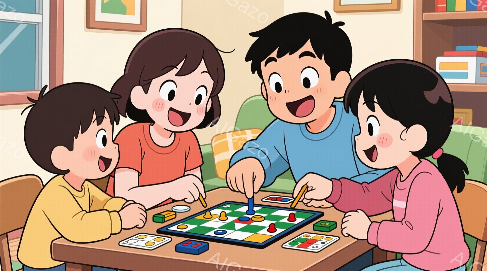 4人の子供たちがテーブルを囲んでボードゲームを楽しんでいます。それぞれ赤い髪の女の子、青い服を着た男の子、そしてピンクと赤い服を着た女の子がいます。明るい表情で、ゲームに集中している様子が伝わってきま - AI生成フリー素材