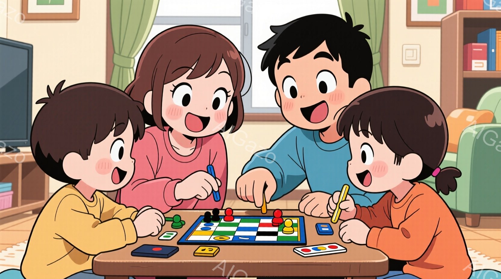 家族四人がテーブルを囲んでボードゲームを楽しんでいる様子が描かれています。母親はピンクのセーターを着ており、笑顔でゲームの指示を出しています。子供たちはそれぞれ黄色とオレンジの服を着て、興奮した表情で - AI生成フリー素材