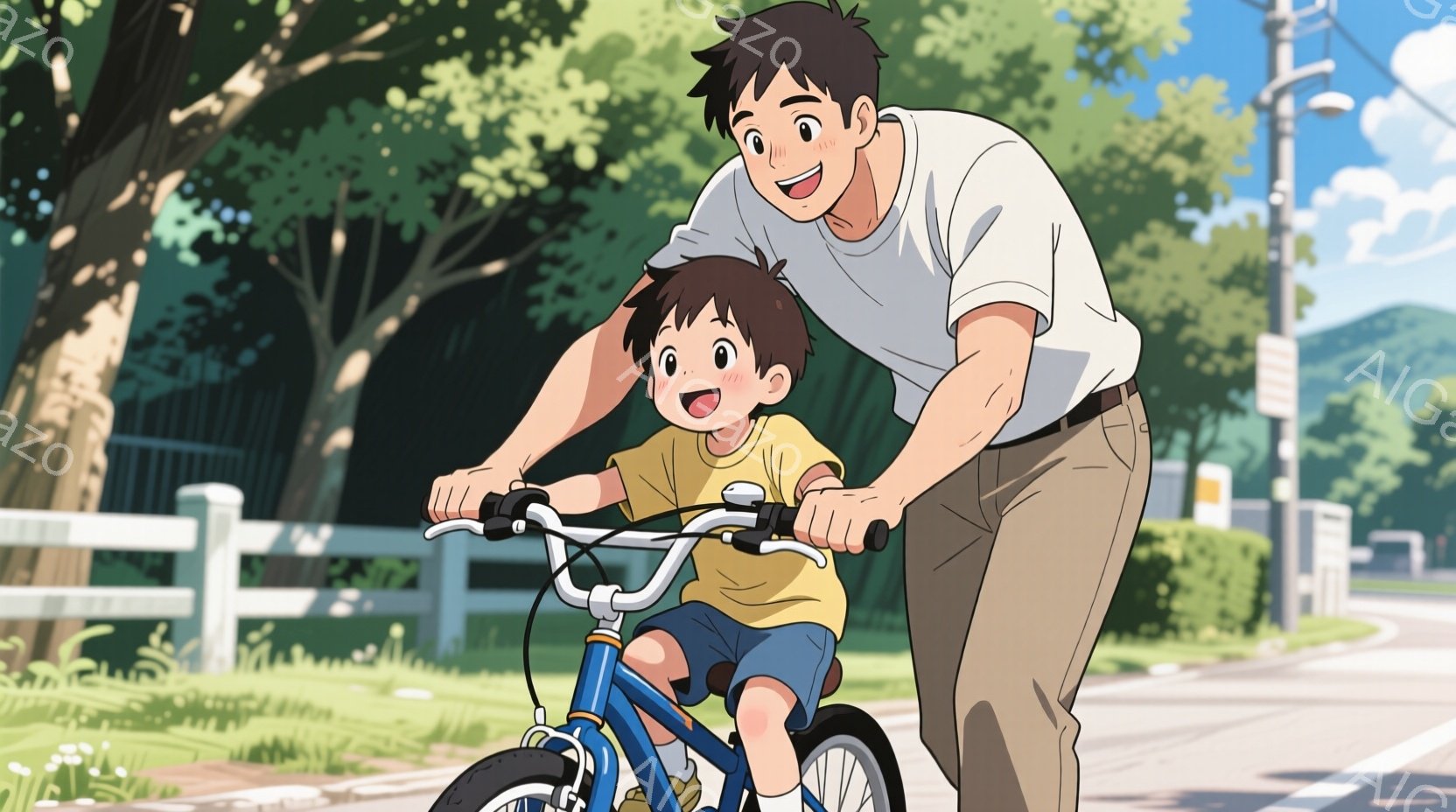 少年は青い自転車に乗り、父親が後ろから支えながら走っている。父親は白いTシャツとベージュ色のズボンを着用し、笑顔で少年の背中を押している。背景には緑豊かな草地、白いフェンス、そして晴れた空と道路が広がり、温かく穏やかな雰囲気が漂っている。