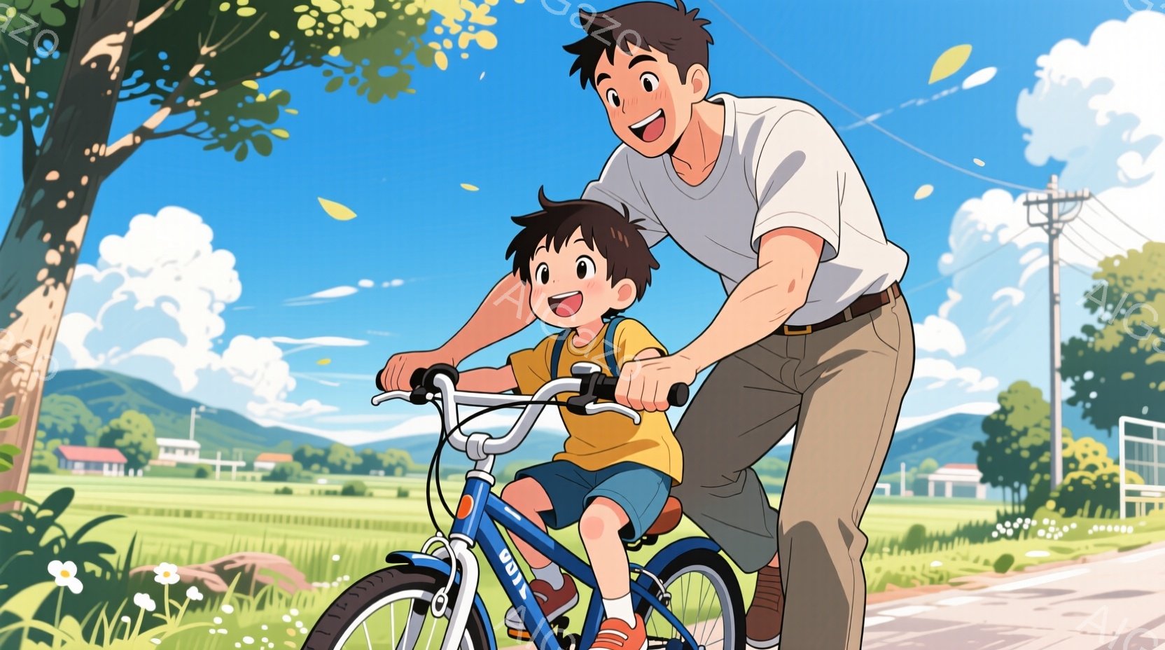 少年は青い自転車に乗り、父親が後ろから支えながら、道を走っています。少年は黄色いシャツに短パン姿で、笑顔を見せており、父親は白いTシャツにズボンで、優しい表情をしています。背景には緑豊かな田園風景が広 - AI生成フリー素材