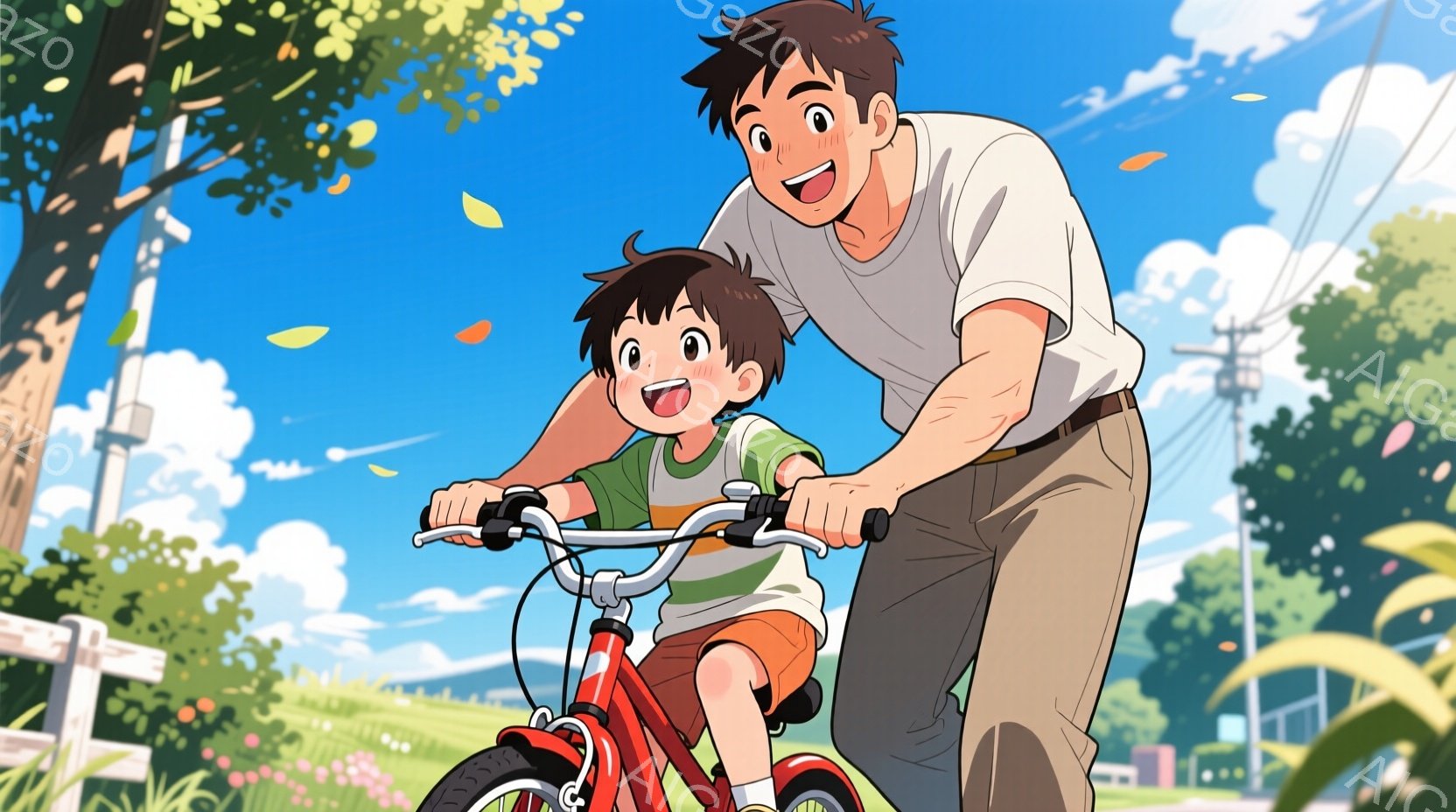 少年は赤い自転車に乗り、父親が後ろから支えながら走っている様子が描かれています。少年は緑色のシャツにオレンジ色の短パン姿で、父親は白いTシャツとベージュ色のズボンを着用し、二人とも笑顔で楽しんでいる様 - AI生成フリー素材