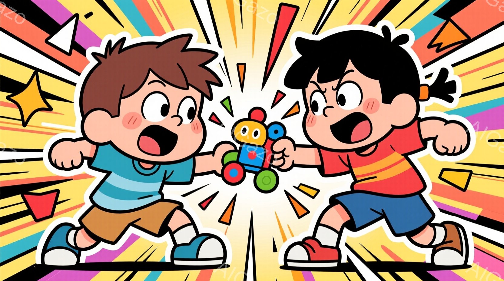 2人の少年が、おもちゃの電車を奪い合うように引っ張り合っています。片方の少年は縞模様のシャツと青い短パン、もう片方の少年は赤いシャツと青い短パンを着ており、どちらも髪は茶色で、顔を赤らめて激しい表情をしています。背景には、三角形や星形のカラフルな装飾が放射状に広がっており、活気に満ちた、競争心あふれる雰囲気を作り出しています。