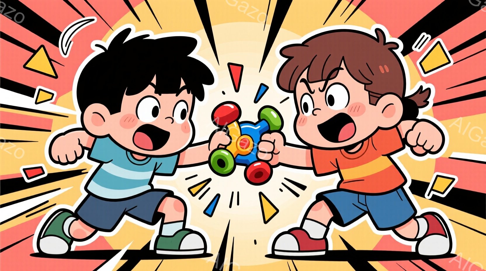 お互いに引っ張り合う2人の子供が描かれています。一人は青い縞模様のシャツに短パン、もう一人はオレンジ色のシャツに短パンを着用し、どちらも白い靴を履いています。背景には黄色とオレンジの三角形が飛び交い、活発でエネルギーに満ちた雰囲気を作り出しています。