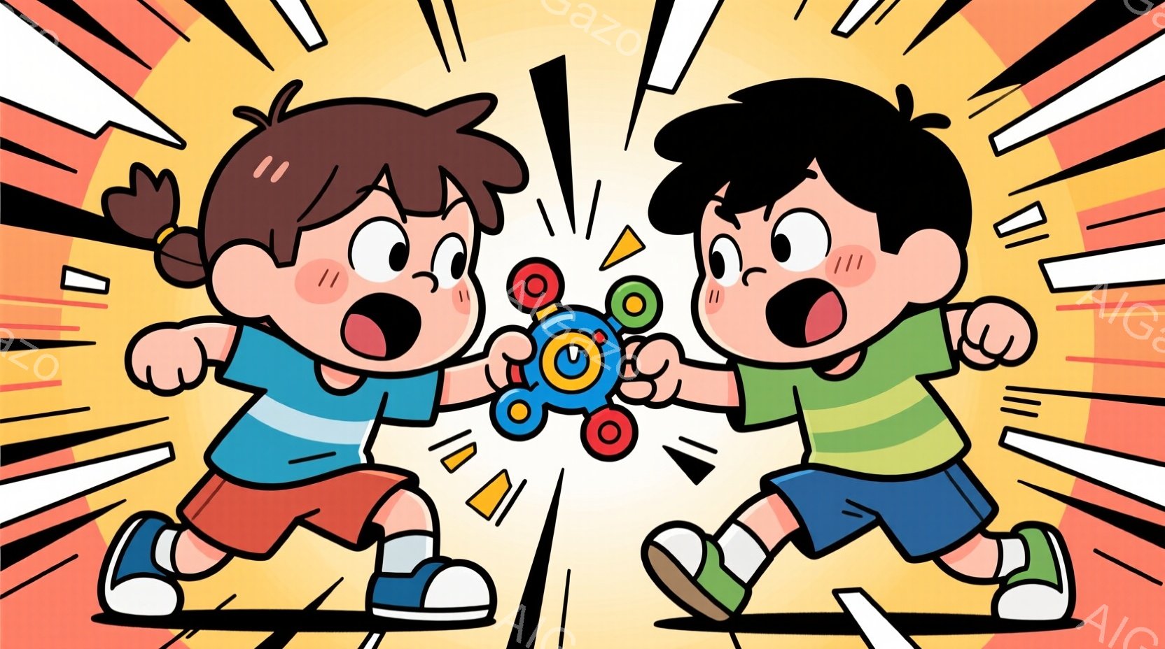 二人の子供が、おもちゃのヘリコプターを奪い合うように引っ張り合っている。女の子は赤いパンツと青いシャツを着ており、ポニーテールで髪をまとめていて、口を開けて力んでいる表情をしている。男の子は緑の縞模様 - AI生成フリー素材