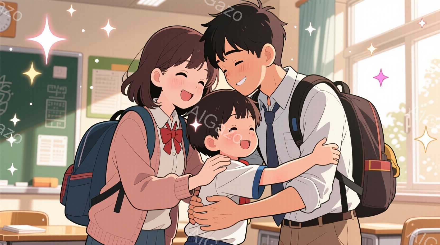 明るい教室で抱き合っている家族のイラストです。お母さんは茶色の髪で、ピンク色のセーターとスカートを着ています。お父さんは白いシャツとズボンで、息子の頭を優しく撫でています。 - AI生成フリー素材