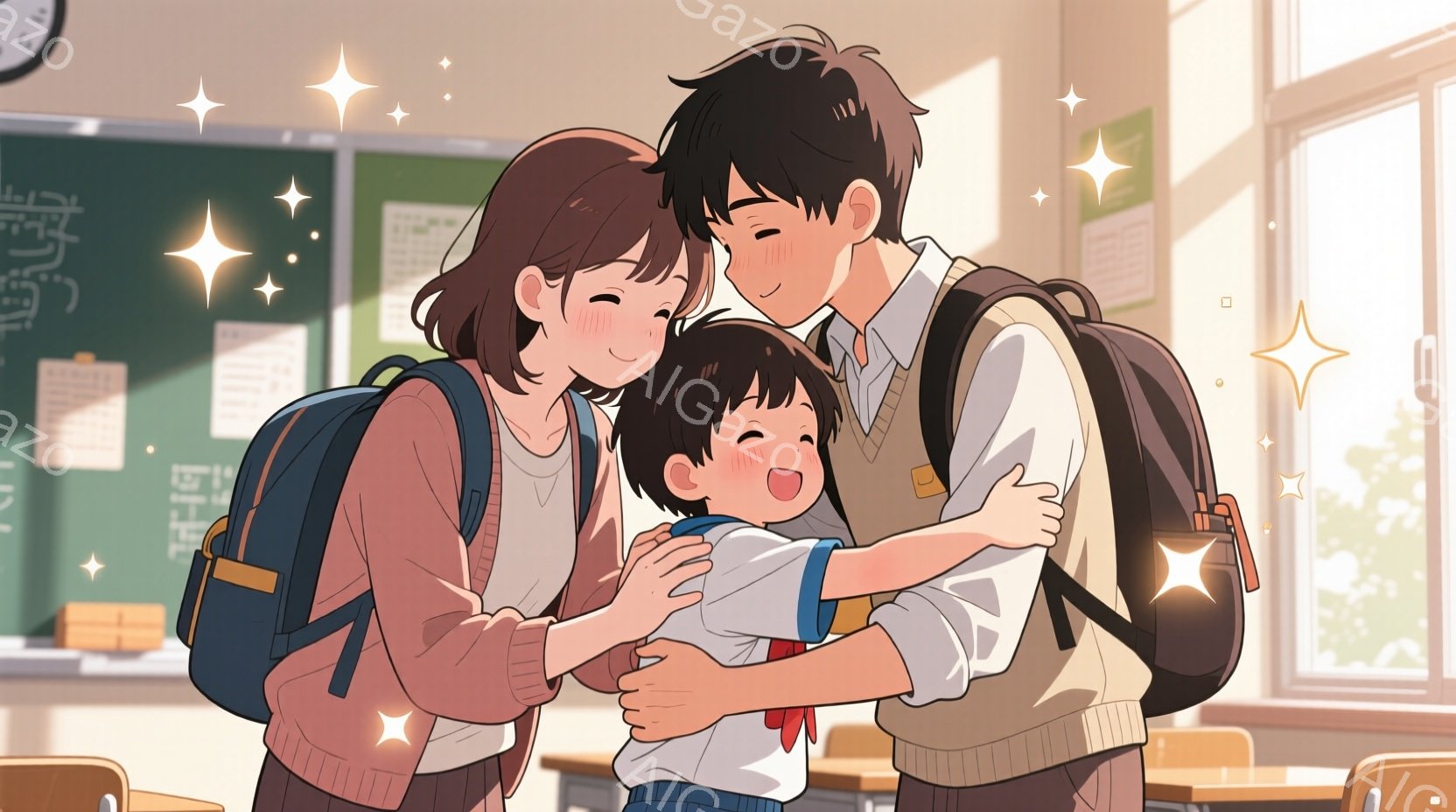 少年は、制服を着たお兄さんとお姉さんに抱きしめられています。お兄さんはベストと白いシャツを着ており、お姉さんは黄色のセーターを着ています。教室の窓から差し込む暖かい光が、家族の温かい雰囲気を強調しています。