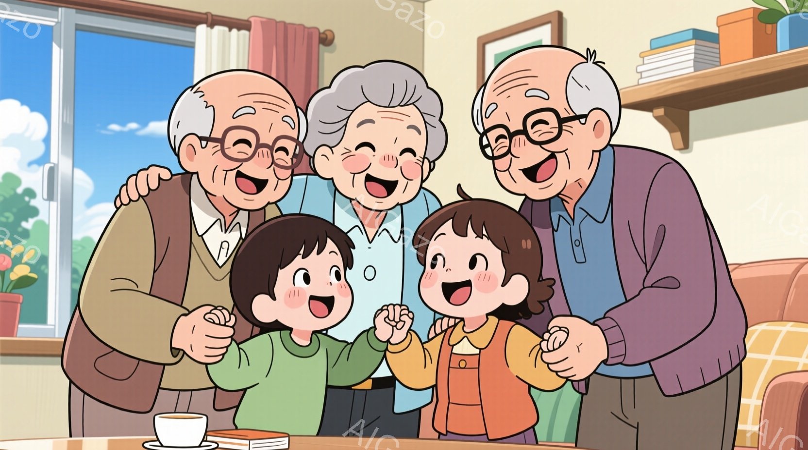 暖炉のそばで、笑顔の祖父母と子供たちが写っています。祖父母はそれぞれ眼鏡をかけ、暖かいセーターを着ています。子供たちは興奮して両手を上げており、背景には窓から見える明るい日差しと、本棚が置かれた室内が広がっています。