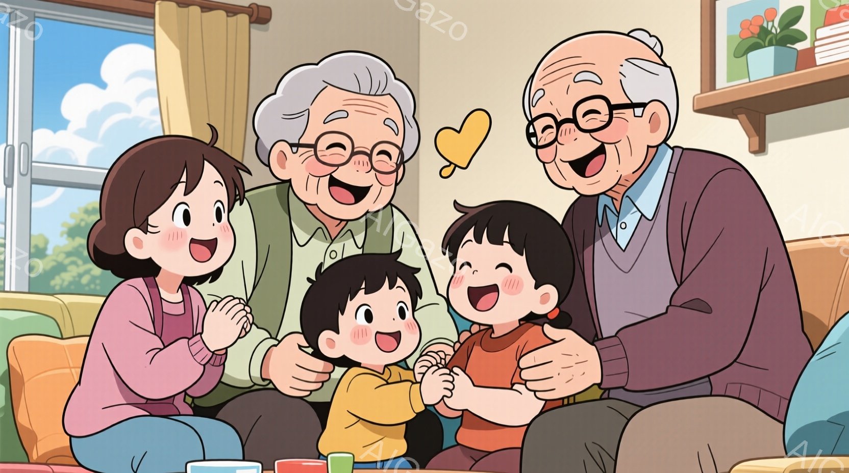 暖かく微笑ましい家族の光景が描かれています。おじいちゃんは眼鏡をかけ、ほほ笑みながら2人の子供たちに囲まれており、子供たちは赤い頬をして楽しそうに笑っています。背景には窓から差し込む光と、植物が置かれた棚が見え、温かい家庭の雰囲気を醸し出しています。