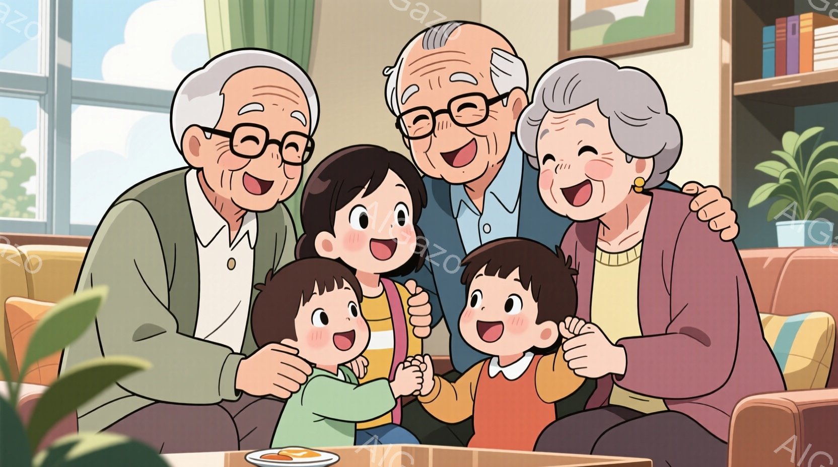 祖父母と３人の子供たちがリビングで暖かく抱き合っています。祖父は眼鏡をかけ、緑色のセーターを着て微笑んでおり、祖母は赤いカーディガンを着て、嬉しそうに笑っています。子供たちはそれぞれ異なる色の服を着ており、明るい表情で互いに向き合い、活気に満ちた家庭的な雰囲気が漂っています。