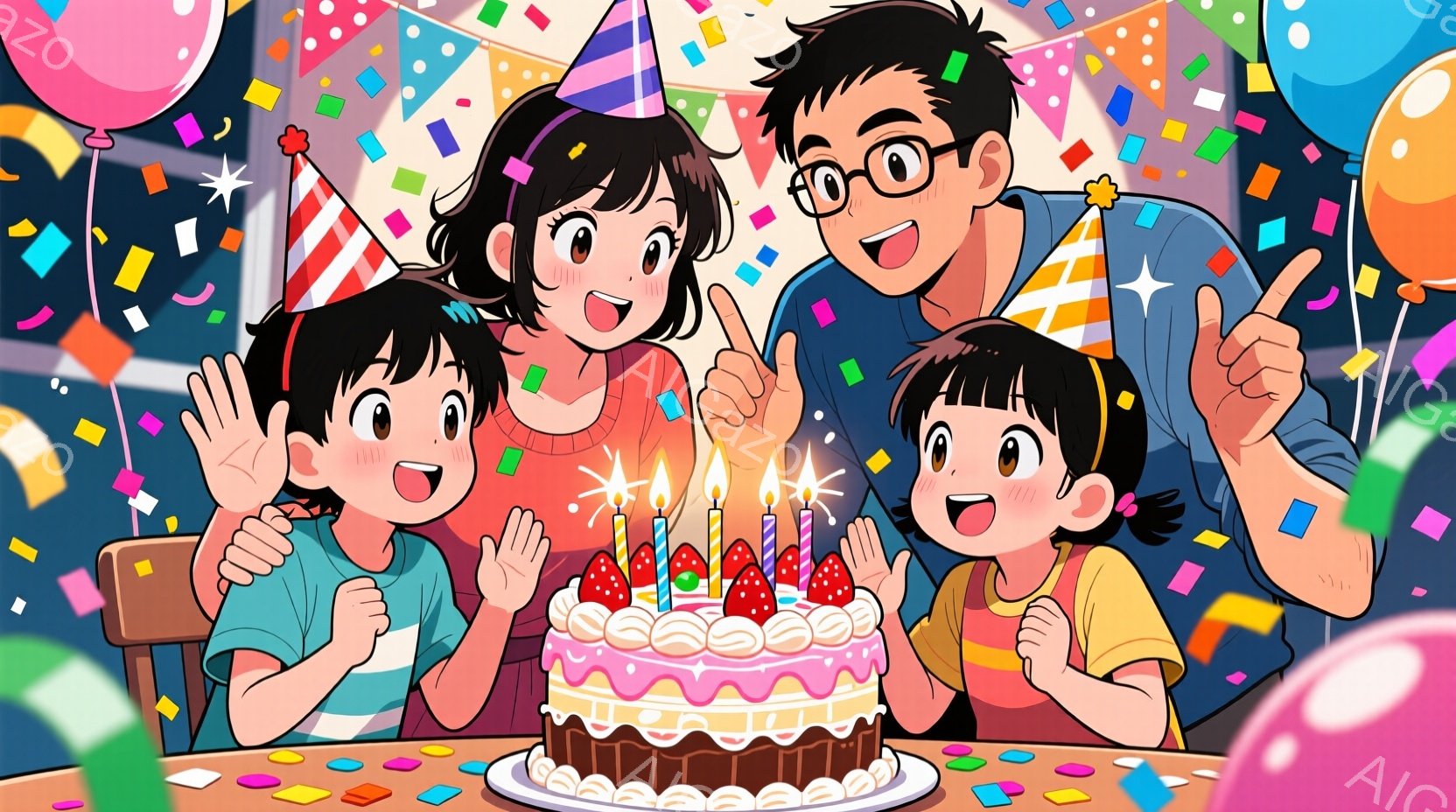 ケーキの前に座った家族が描かれています。母親は赤いニットを着ており、髪は肩まで伸びています。二人の娘はオレンジ色のシャツを着ており、それぞれ片手に手を上げ、喜びの表情を浮かべています。父親は青いシャツ - AI生成フリー素材