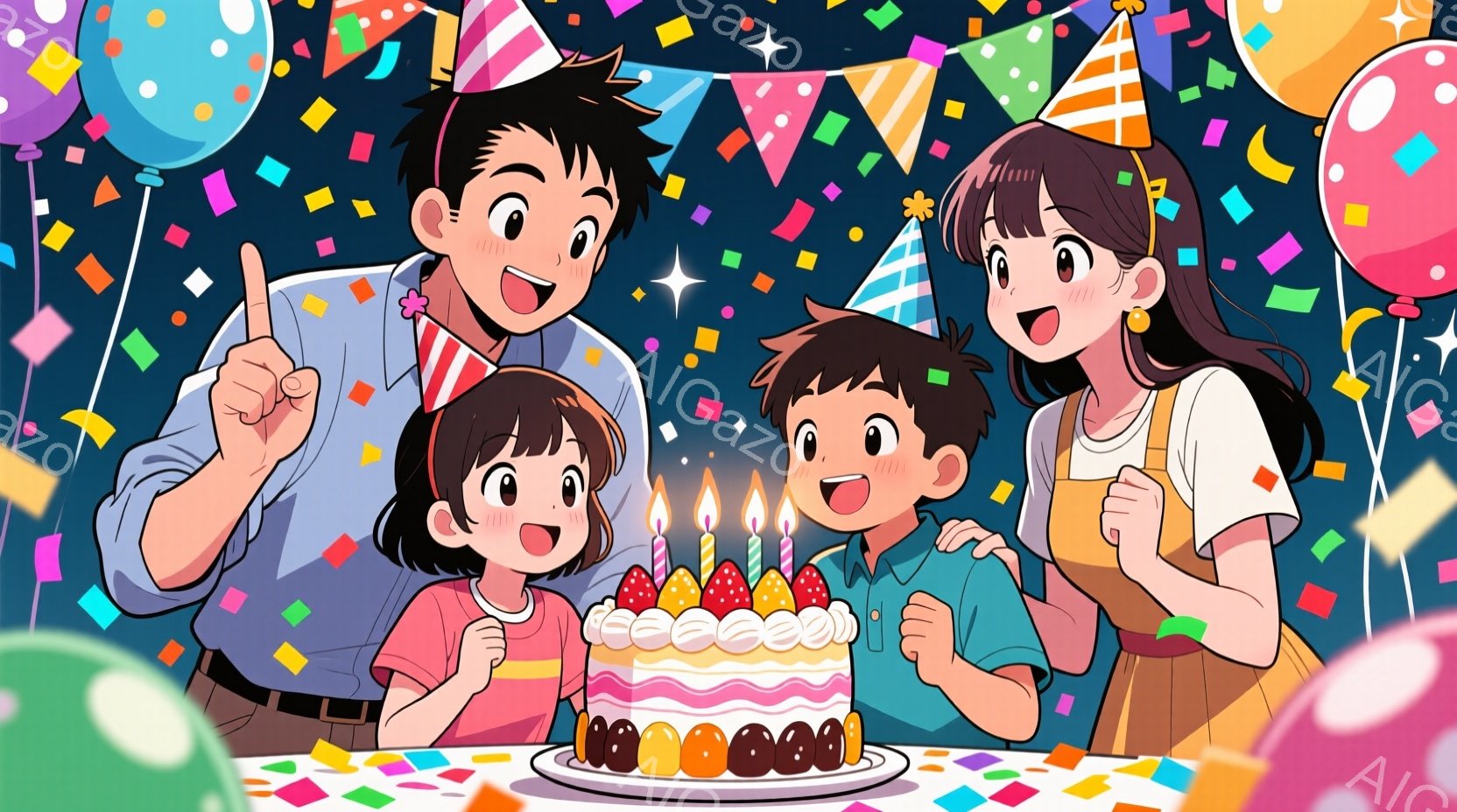 家族が誕生日ケーキを囲んでいるイラストです。父親は片手を上げてケーキを指し、母親は両手を上げて喜んでいます。ケーキにはたくさんのイチゴとクリームが飾られており、背景にはカラフルな紙吹雪や風船が浮かんでいます。