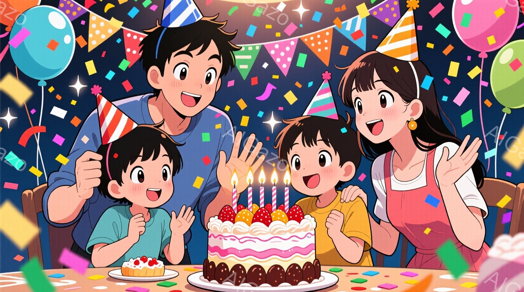 家族四人が誕生日ケーキを囲んでいます。父親は青いシャツを着ており、母親はピンクのワンピースを着て、それぞれ嬉しそうな笑顔を浮かべています。二人の子供たちは、片方は黄色いシャツ、もう片方は青いシャツを着 - AI生成フリー素材