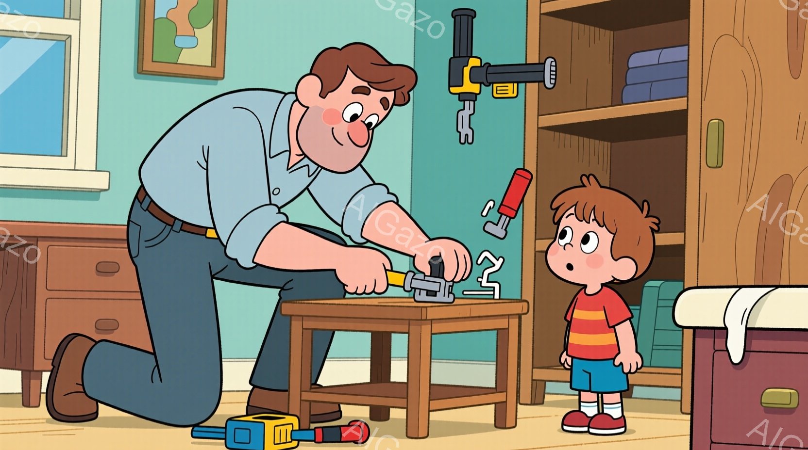 膝をついて椅子を組み立てている男性と、それを見上げている少年が描かれています。男性は青いシャツにズボンで、髪は短く整えられています。背景には木製の棚と窓があり、温かく家庭的な雰囲気が漂っています。