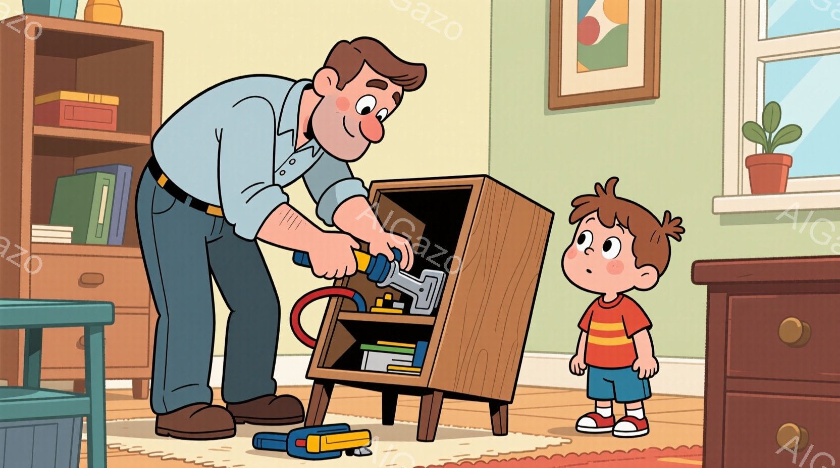 一人の男の子と父親が部屋の中にいます。父親はキャビネットの修理をしており、工具を使って作業しています。男の子は少し不安そうな表情で、父親の作業を見守っています。