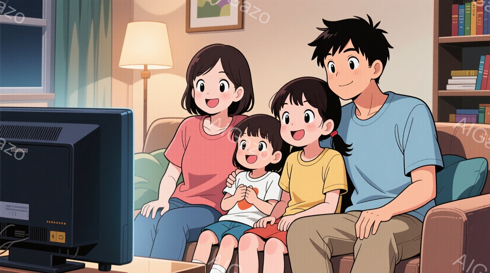 家族がソファーに座ってテレビを見ています。母親はピンクのシャツ、父親は青いシャツを着ており、2人の子供（女の子2人）はそれぞれ白と黄色いシャツとスカートを着用しています。背景には本棚と薄明かりの室内が - AI生成フリー素材