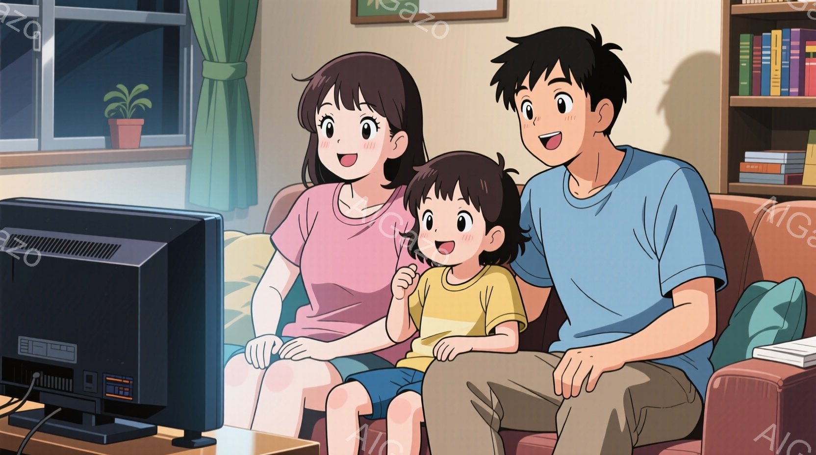 画面には、ソファーに座ってテレビを見ている家族が描かれています。母親はピンクのシャツを着ており、父親は青いTシャツを着ており、娘は黄色のシャツを着ています。背景には本棚と窓があり、暖かい雰囲気で、家族 - AI生成フリー素材