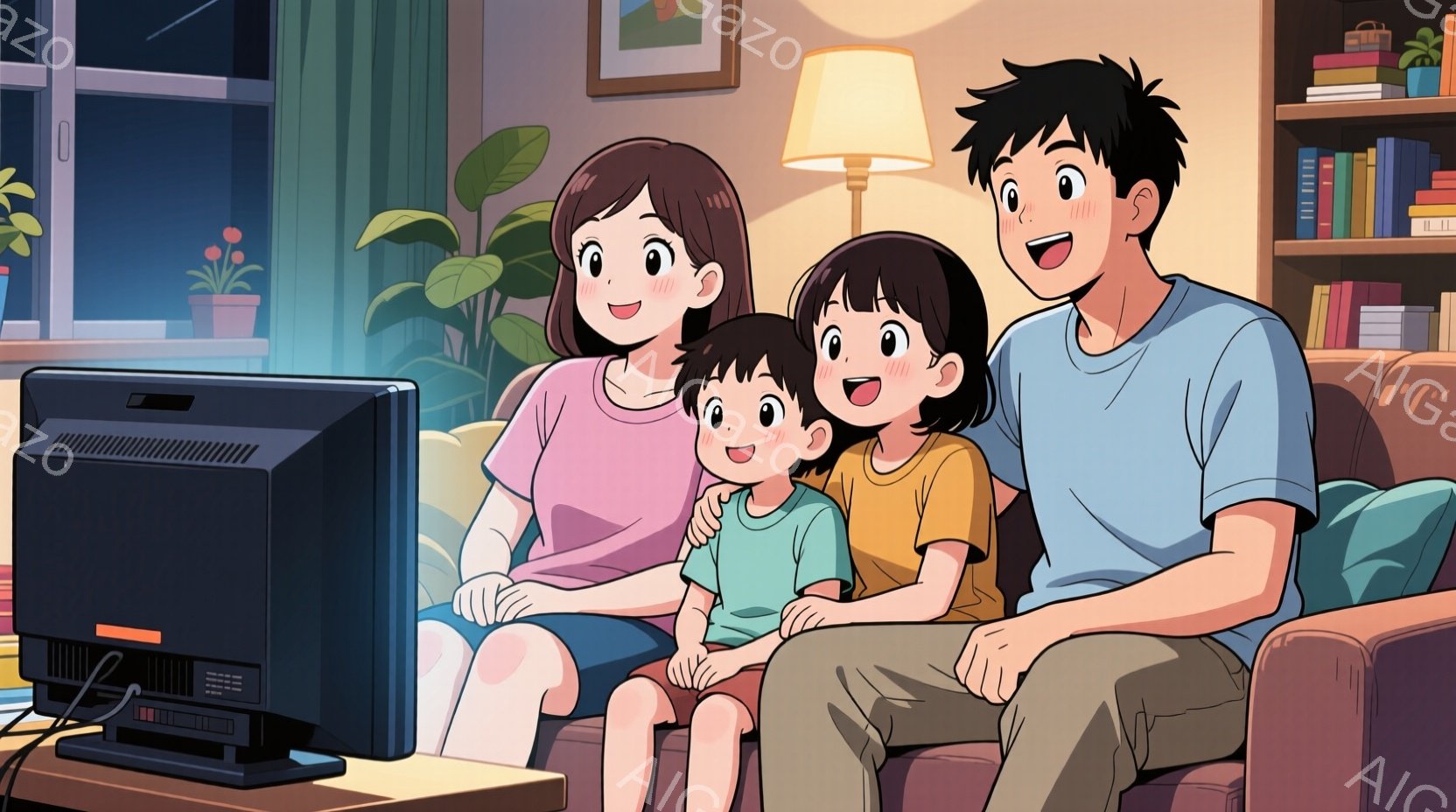 画面には、ソファーに座ってテレビを見ている家族が描かれています。母親は紫色のシャツ、父親は青いシャツ、そして二人の子供たちはそれぞれ緑と黄色のシャツを着ています。背景には本棚と観葉植物があり、リビング - AI生成フリー素材