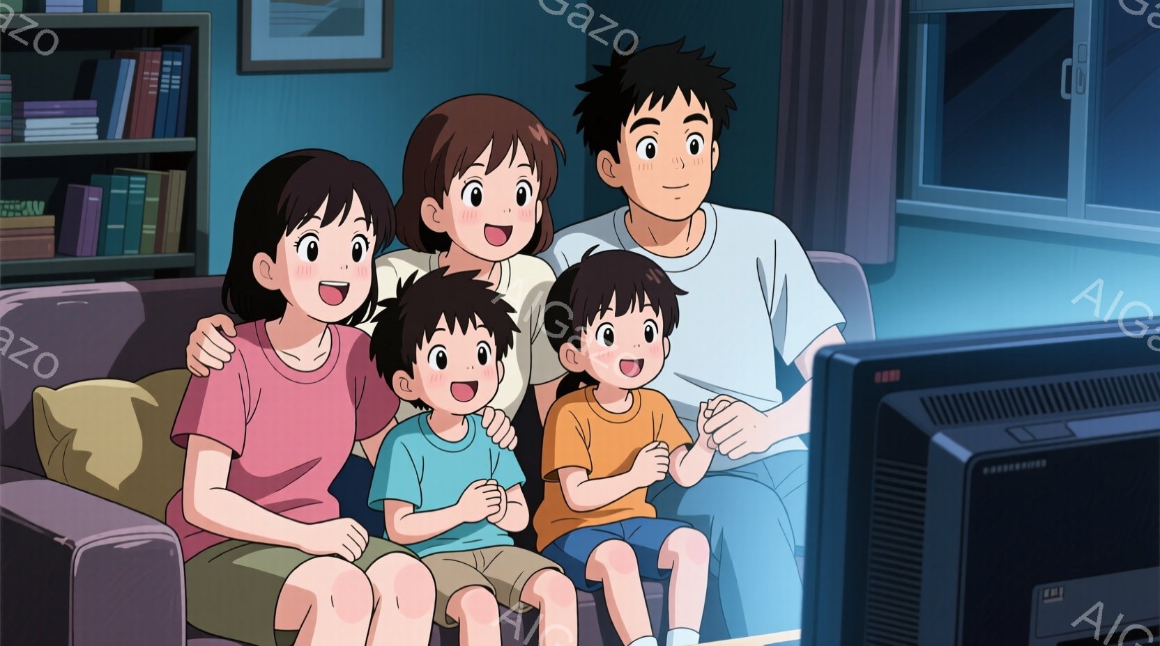 家族がソファに座ってテレビを見ています。母親はピンク色のシャツを着て、父親は白いシャツを着ており、3人の子供たちはそれぞれ異なる色のシャツを着ています。彼らは皆笑顔で、テレビに夢中になっている様子が伝 - AI生成フリー素材