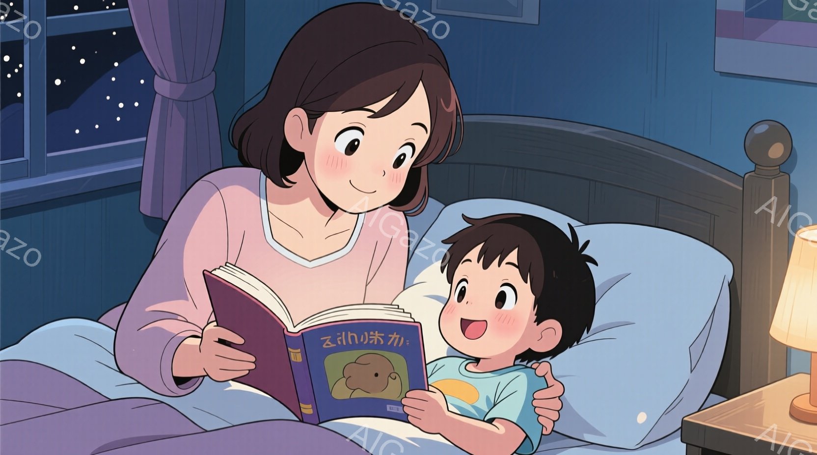 明るい髪の女性がベッドに座り、幼い男の子に絵本を読んであげています。女性はピンク色のシャツを着ており、男の子はパジャマを着ています。背景には、夜空と、ベッドサイドランプの温かい光、そして本の表紙には可愛らしい動物の絵が描かれています。