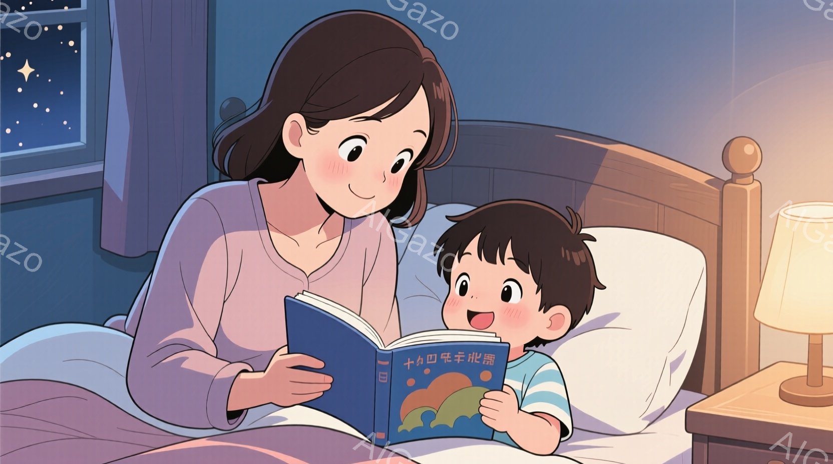 温かい光に照らされた寝室で、母親が息子に絵本を読んであげています。母親はピンクのパジャマを着ており、長い髪は後ろで結ばれています。息子は緑色のパジャマを着て、絵本に興味津々の表情で母親を見つめており、背景にはナイトテーブルとランプ、そして星空が広がっています。