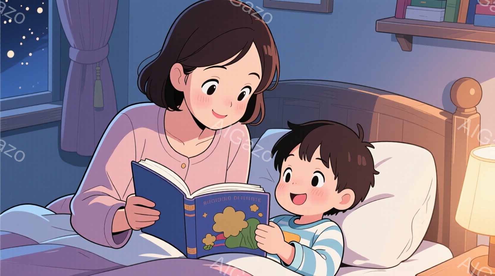 長い茶色の髪を後ろで一つにまとめた女性が、パジャマ姿で少年と一緒にベッドに座り、絵本を読んであげています。少年は青いパジャマを着て、絵本に興味津々で満面の笑みを浮かべており、母親は優しく微笑んでいます - AI生成フリー素材